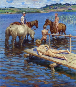 Pferde baden Nikolay Bogdanov Belsky Kinder Tier Haustier Ölgemälde